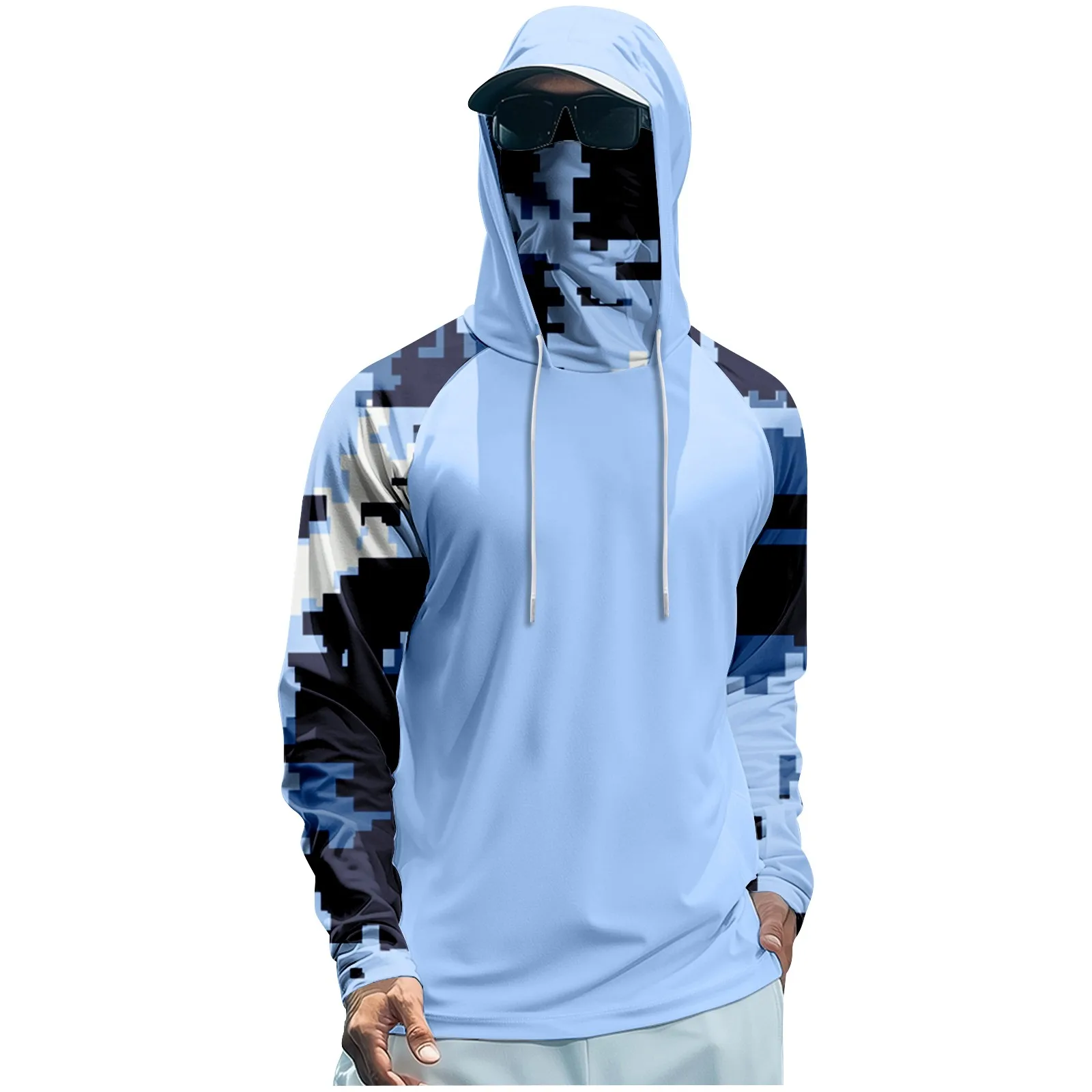 Outdoor Fishing Sun Protection Hoodie with Raglan Sleeves Long Sleeve UPF50+ UV Protection Quick-Drying Top with Face Mask