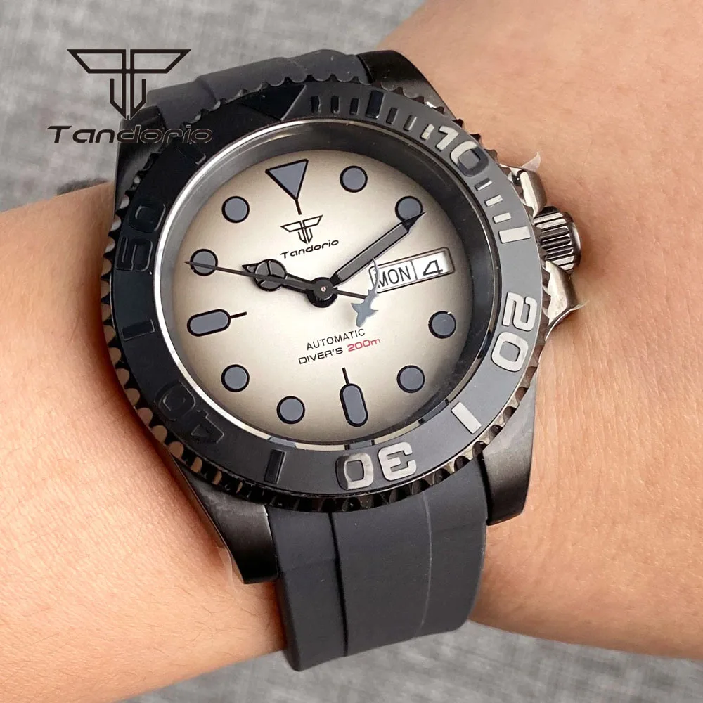 Tandorio Double Date NH36 40mm Black PVD Mechanical Automatic Watch for Men Sapphire Crystal Ceramic Rotating Bezel 20BAR