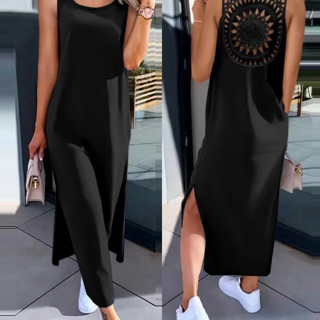 Vestido midi de verano nuevo, talla ande, sin mangas, con abertura, de color o, cuello redondo, entallado, moderno, para...