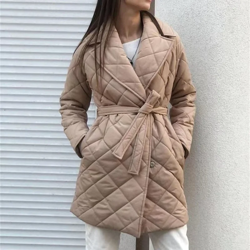 Padded Long Parka Women\'s Winter 2022 Jacket Casual Turn Down Collar Belt Straight Overcoat Office Lady Outwear Woman Clothes