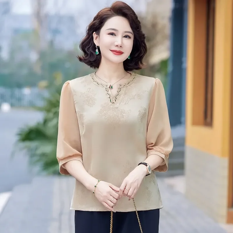 

Женская летняя блузка для женщин среднего возраста, новая, свободного кроя, элегантная, атласная, с рукавом три четверти