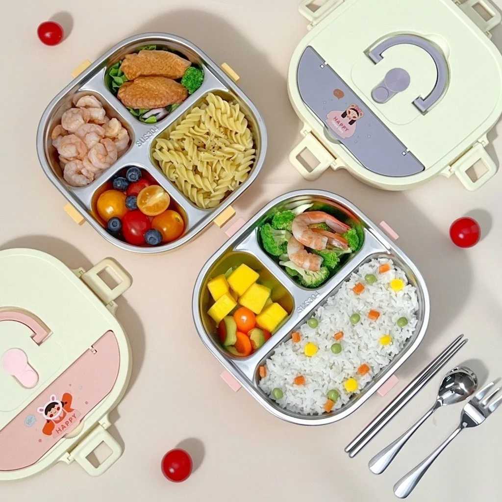 Microwaveable Cartoon Lunch Box With Cutlery 304 Stainless Steel Bento Box Leak-proof Food Storage Container For Kids Students