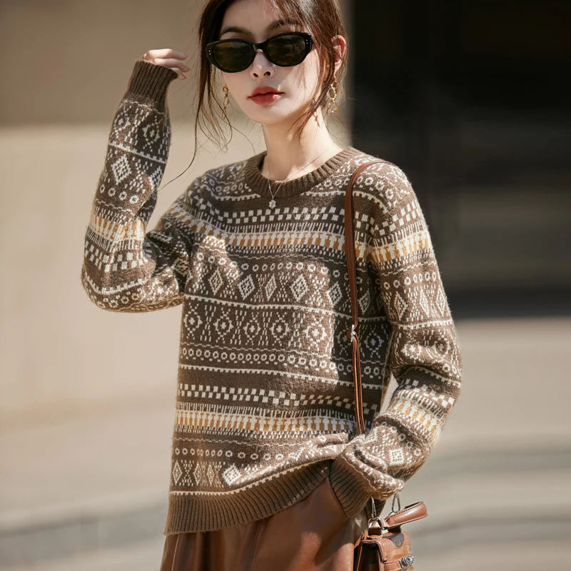 

Женский вязаный свитер с длинными рукавами в стиле ретро, осень-зима, жаккардовый вязаный пуловер с круглым вырезом, свободный базовый пуловер