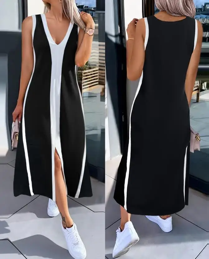 

Womens Dresses 2025 Spring Fashion Striped Sleeveless Plunge Neckline Midi Dress with Slit Detail Casual Loose Fit A Line Dress
