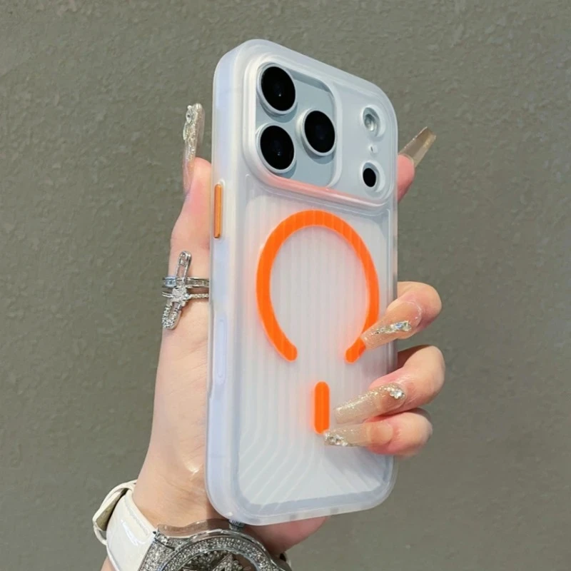 

Гофрированный узор для Magsafe, магнитный чехол с беспроводной зарядкой для iPhone 17, 16, 15, 14, 13, Pro Max, прозрачный бампер, матовый чехол для ПК