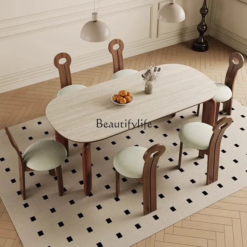 

LJY*French retro solid wood imported travertine rock slab long dining table