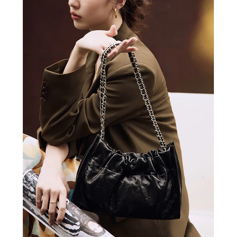 ZR DIARY Metal Chain Underarm Bag Women Split Leather Pleated Handbag Female Trendy Shoulder Crossbody bag  9178