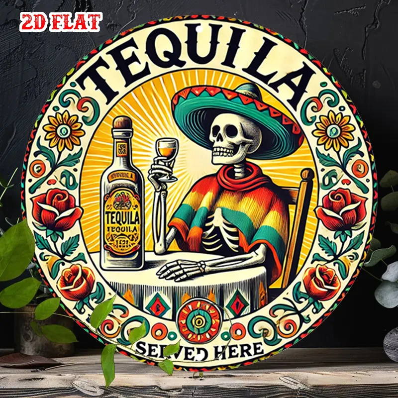Diseño plano 2D, 1 pieza de letrero de madera retro con diseño de tequila, patrón de sombrero y calavera, artículo decorativo circular para pared