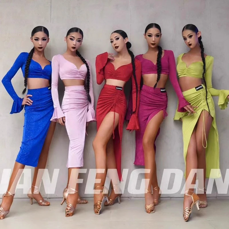 Sexy Latin Dance Clothes Women Girls Long Sleeves Tops Split Skirt Rumba Dance Costume Practice Wear Competition Dress DNV18642