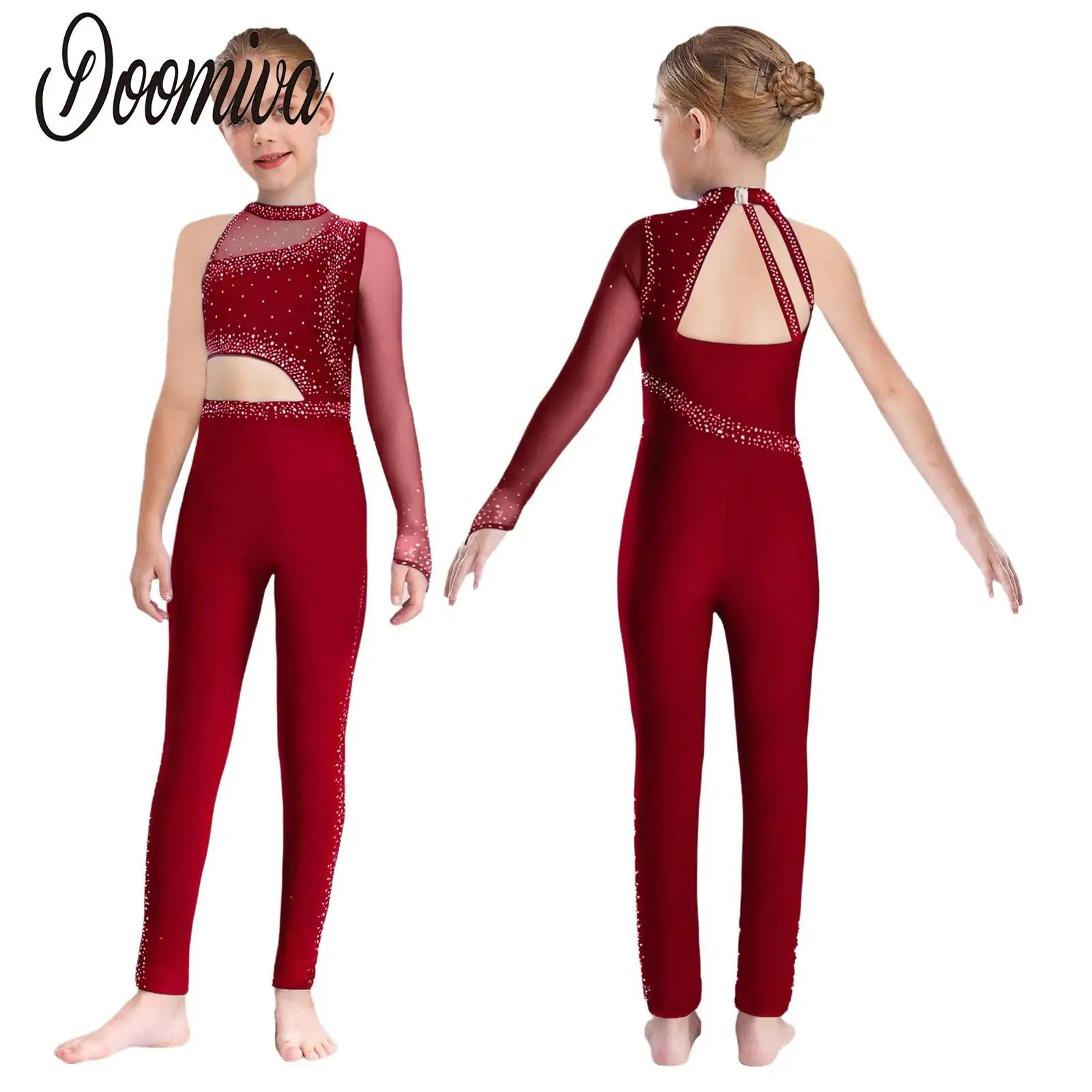 

Girls Rhythmic Gymnastics Leotards Unitards Jersey Body Ballet Dance Jumpsuit Rhinestones Figure Skating Performance Costumes