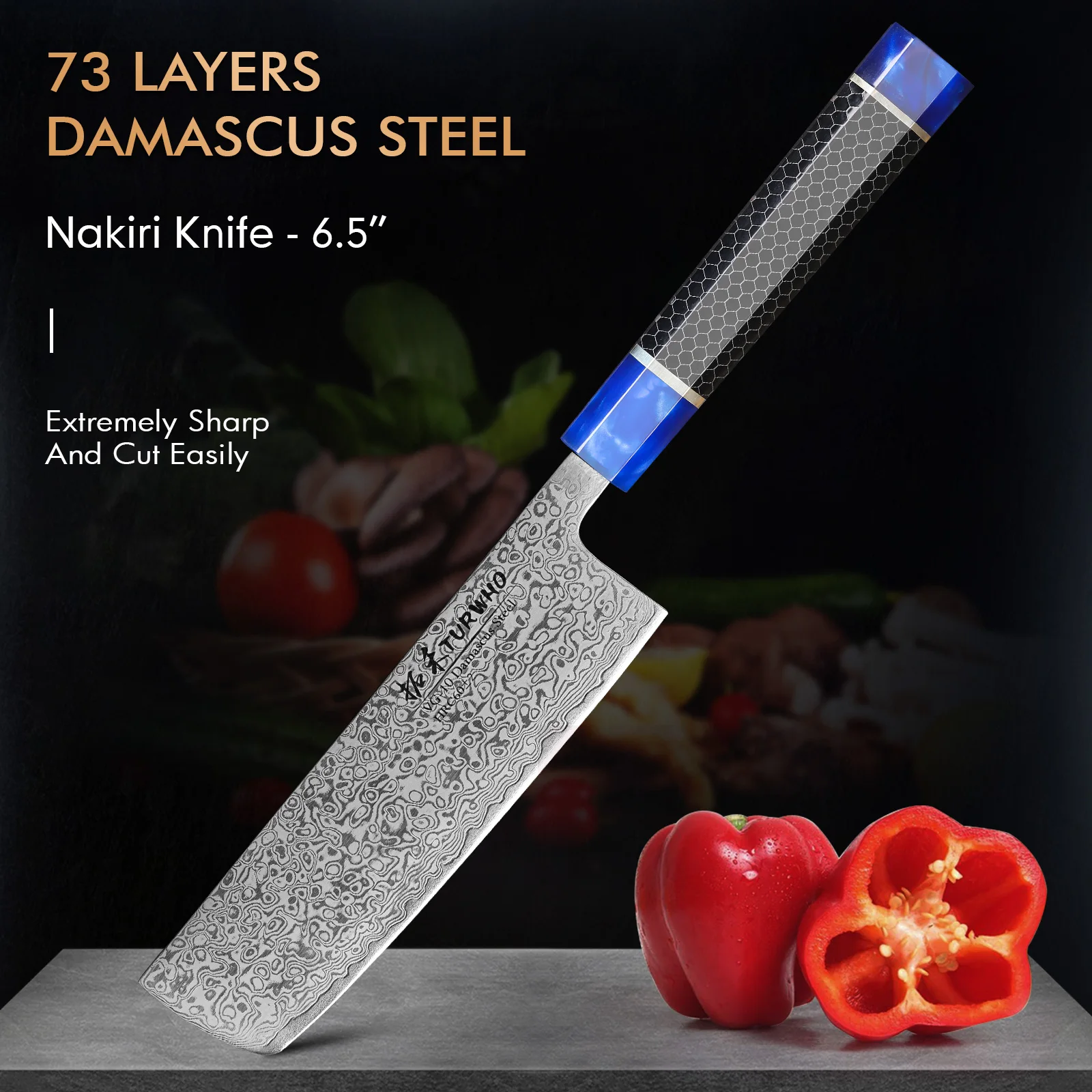 

TURWHO 6.5 Inch Nakiri Knife Japanese Damascus Steel Chef Knife Hand Forged Restaurant Comfotable Resin Handle Cutter Cleaver