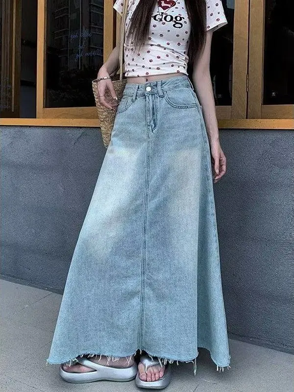 High Waist A-Line Midi Skirt Women's Denim Hollow out Loose Slimming Bell Bottoms Summer Fashion Ladies Umbrella Skirt