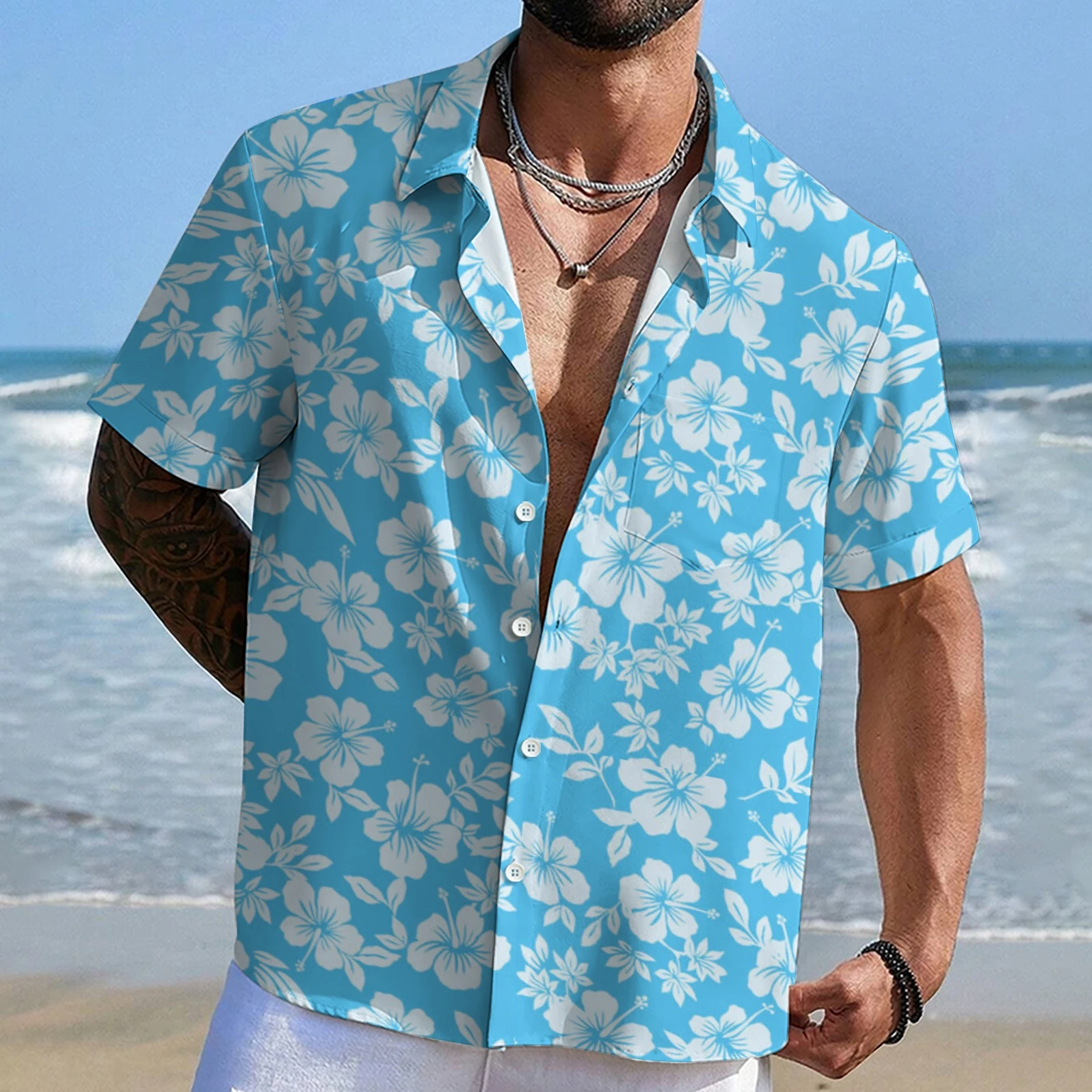 

Men’s Blue&White Floral Hawaiian Shirt Stylish Floral Hawaiian Shirts Sea-Inspired Style Shirts Casual Summer Vacation Tee