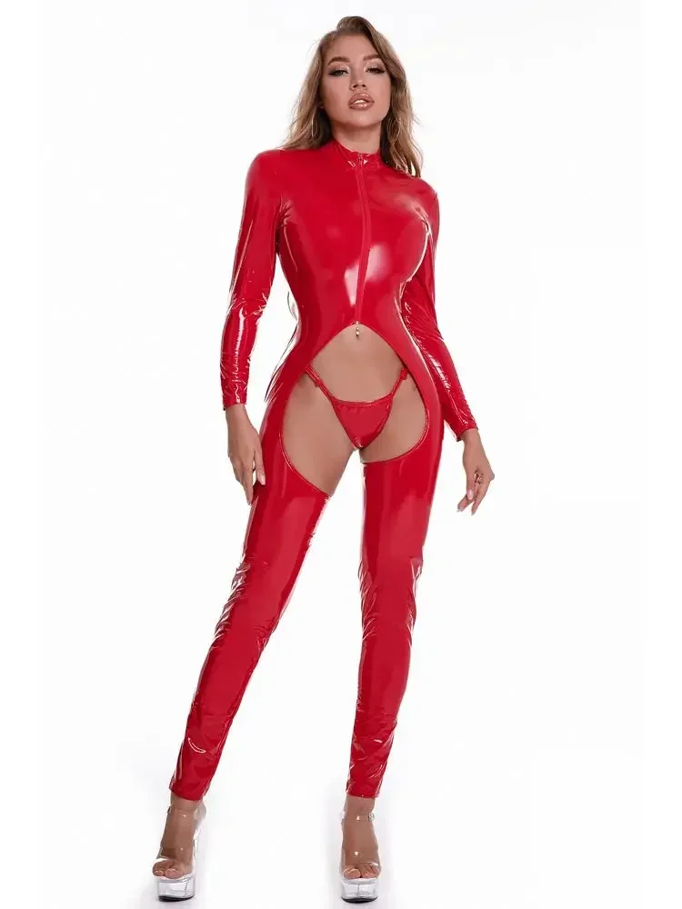 Кружевной бандажный комбинезон из ПВХ с мокрым эффектом, блестящая искусственная кожа, боди с открытой промежностью, облегающий костюм для косплея, сексуальная клубная одежда, купальник