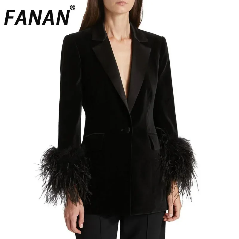 

FANAN Fashion Designer Blazers Women's Feather Sleeve Single Button Gathered Waist Jackets Office Lady Coats 2025 New Autumn