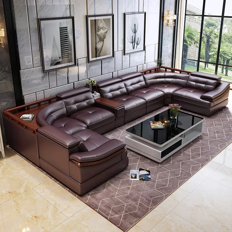 Premium leather sofa U-shaped head-shaped leather simple modern living room leather sofa corner large-family sofa combination