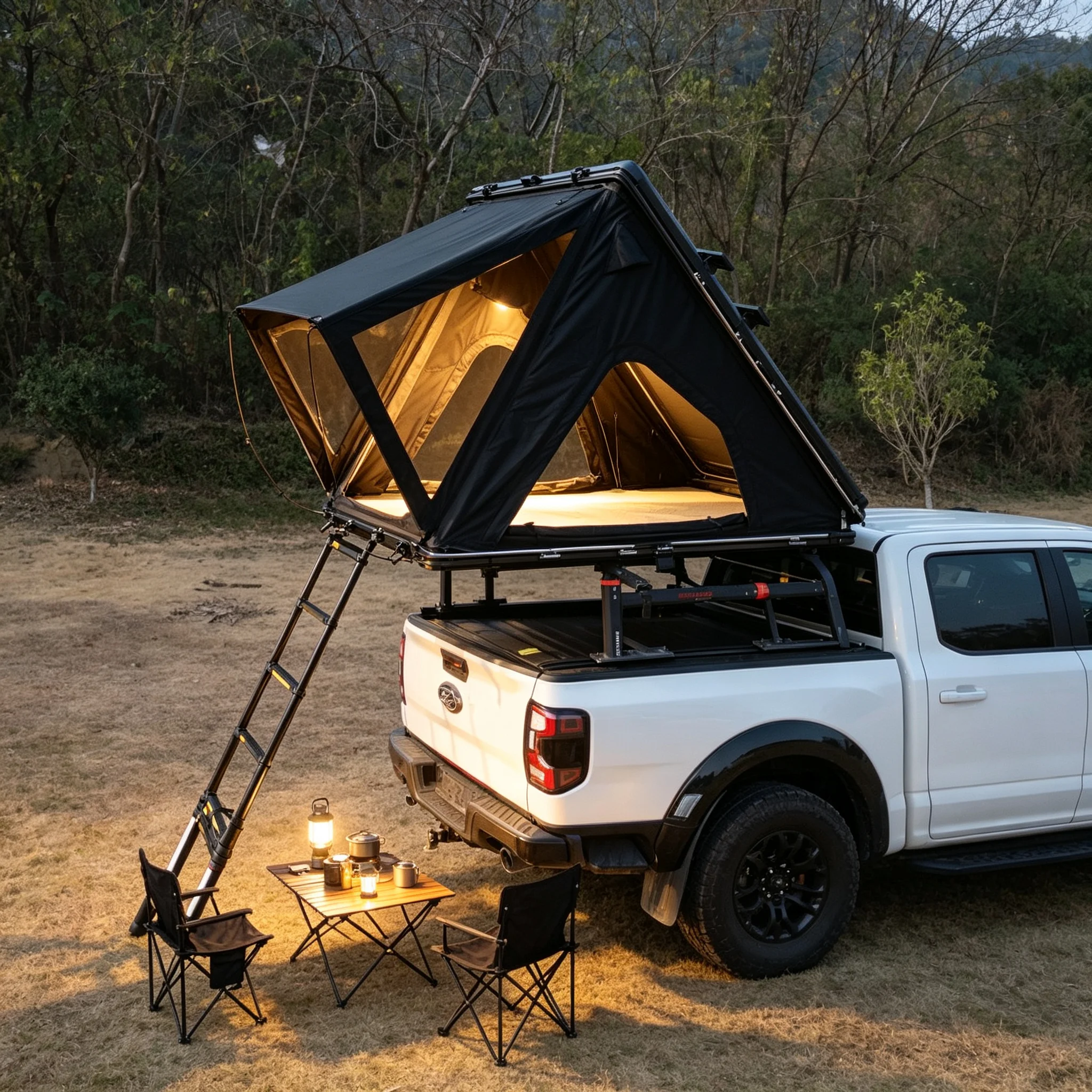 Triangular Hard Shell Rooftop Tent Semi Automatic Hydraulic Quick Open with Aluminum Honeycomb Panel for Truck Camping