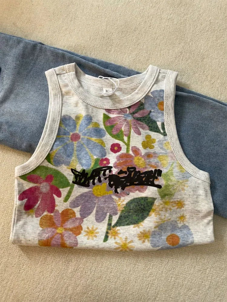 New Design Sweet Print Graphic Vest Chic Grunge Sexy Camisole Summer Off Shoulder Casual Sleeveless Slim Grey Crop Top Mori Girl