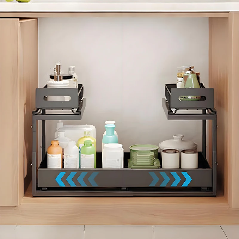 Kitchen Sink Rack Scalable Pull 2 Tier Sliding Shelf Lacquer Finish Metal Adjustable Drawer Storage Basket Cabinet Spice
