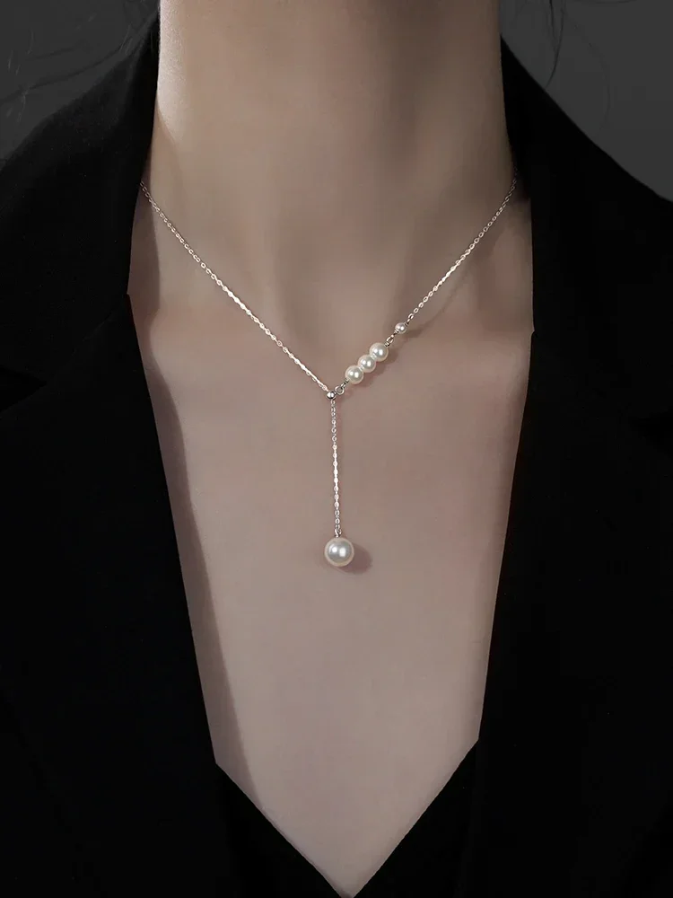 999 sterling silver pearl necklace 2024 new popular women's collarbone chain light luxury high-end neck chain sweater chain