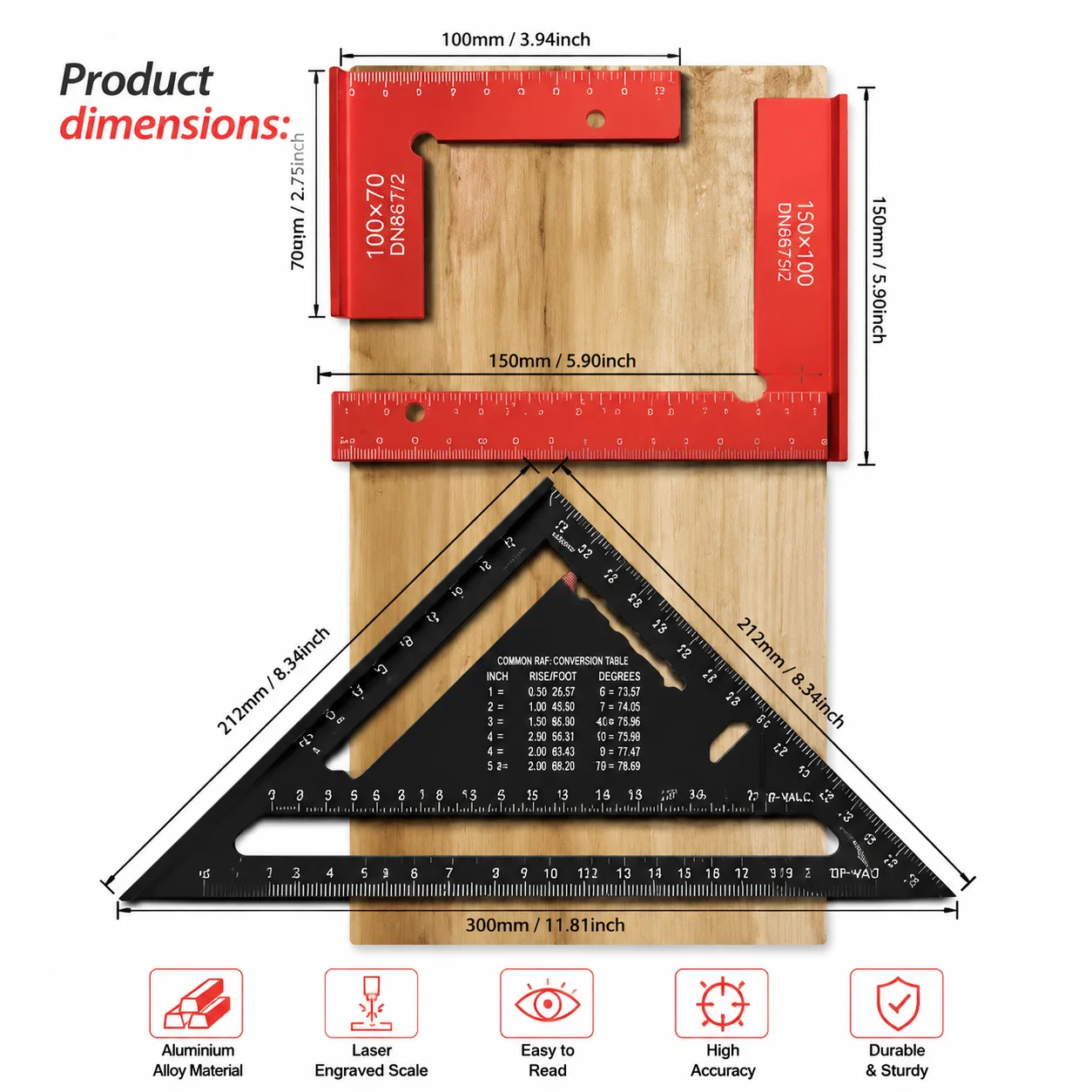 Woodworking Measuring Kit Dual Right Angle Ruler Set 150x100mm 45° 90° Multi-Functional Protractor For DIY Construction