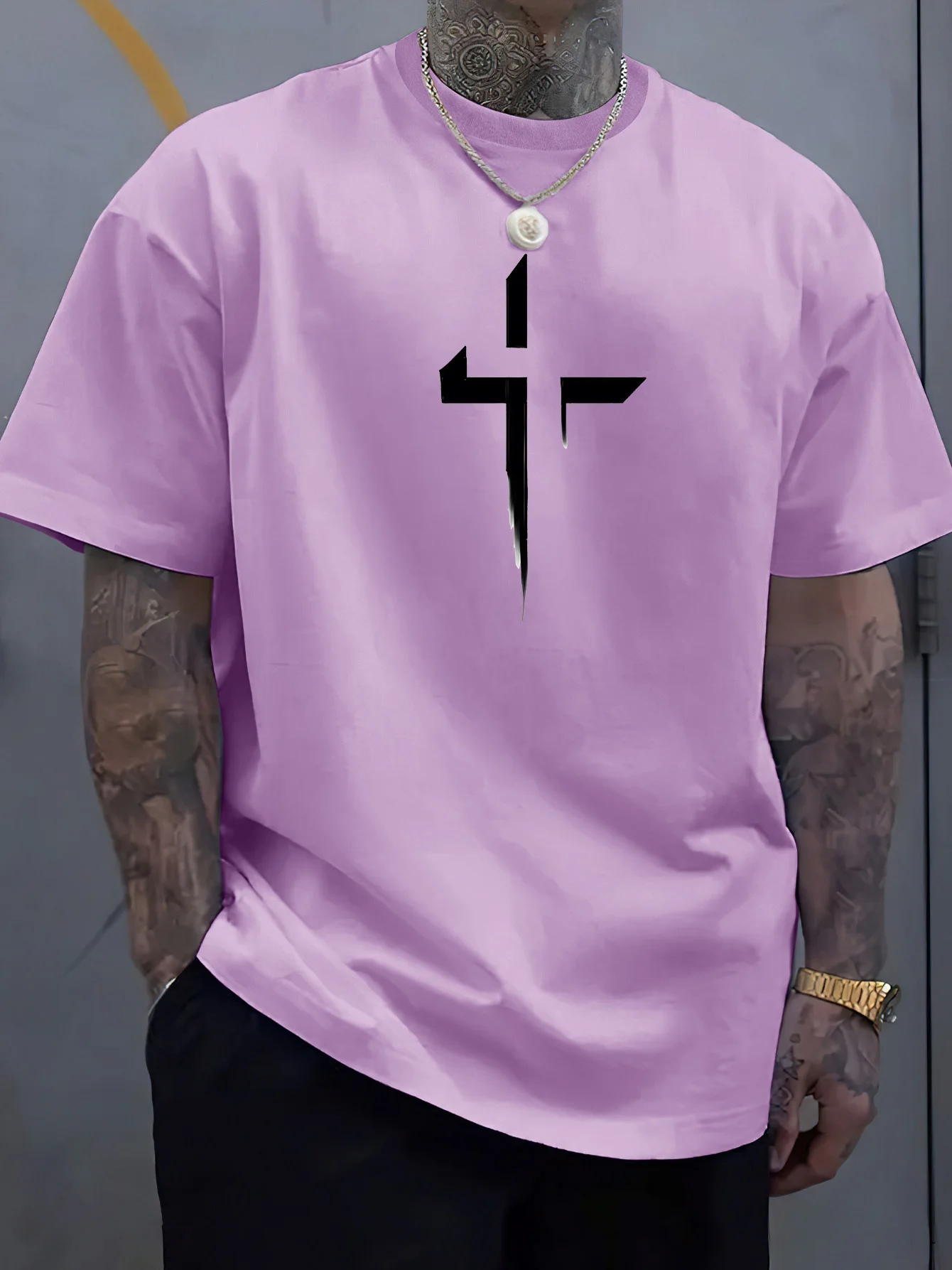 Summer men\'s 100% pure cotton casual loose plus size Cross Creative printed sports comfortable round neck short sleeved T-shirt