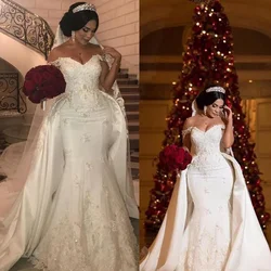 Vestidos de novia africanos elegantes con encaje de cuentas con tren desmontable, apliques de hombros descubiertos, vestidos de novia de sirena