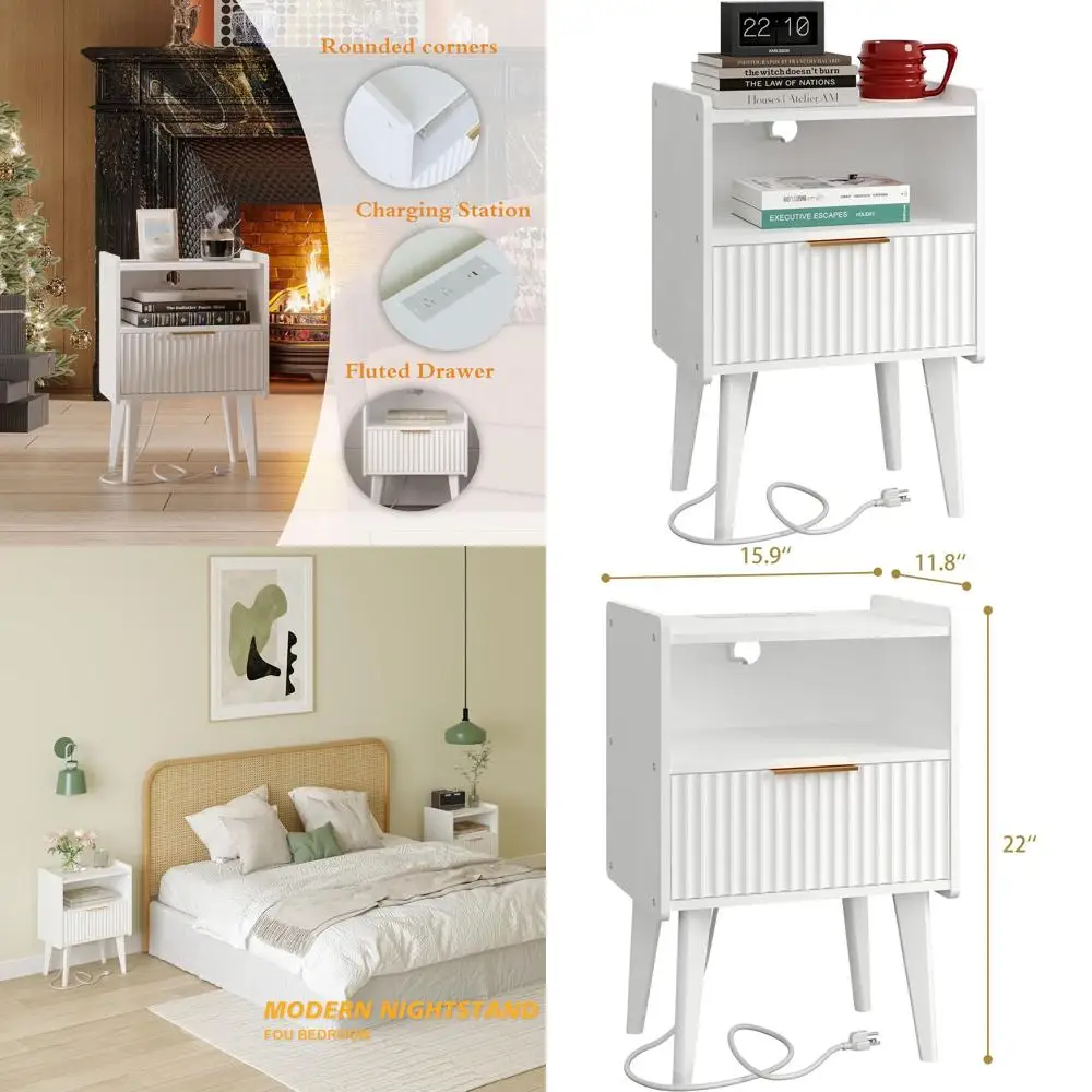 

Charging Station Nightstand, Elegant Bedside Table, White Solid Wood Nightstand, Versatile End Table for Living Room and Bedroom