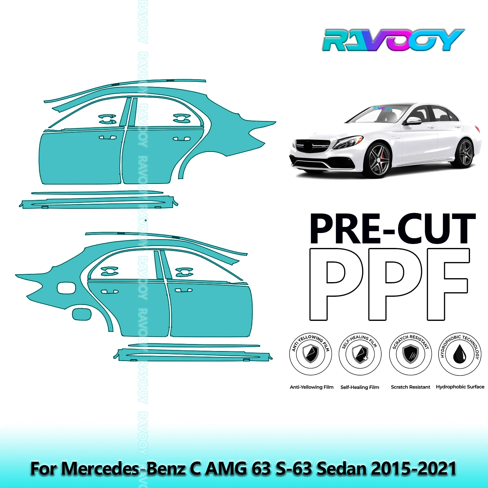 

For Mercedes-Benz C AMG 63 S-63 Sedan 2015-2021 8.5mil Pre-Cut PPF Door & A/B Pillar Kit TPU Paint Protection Film Set