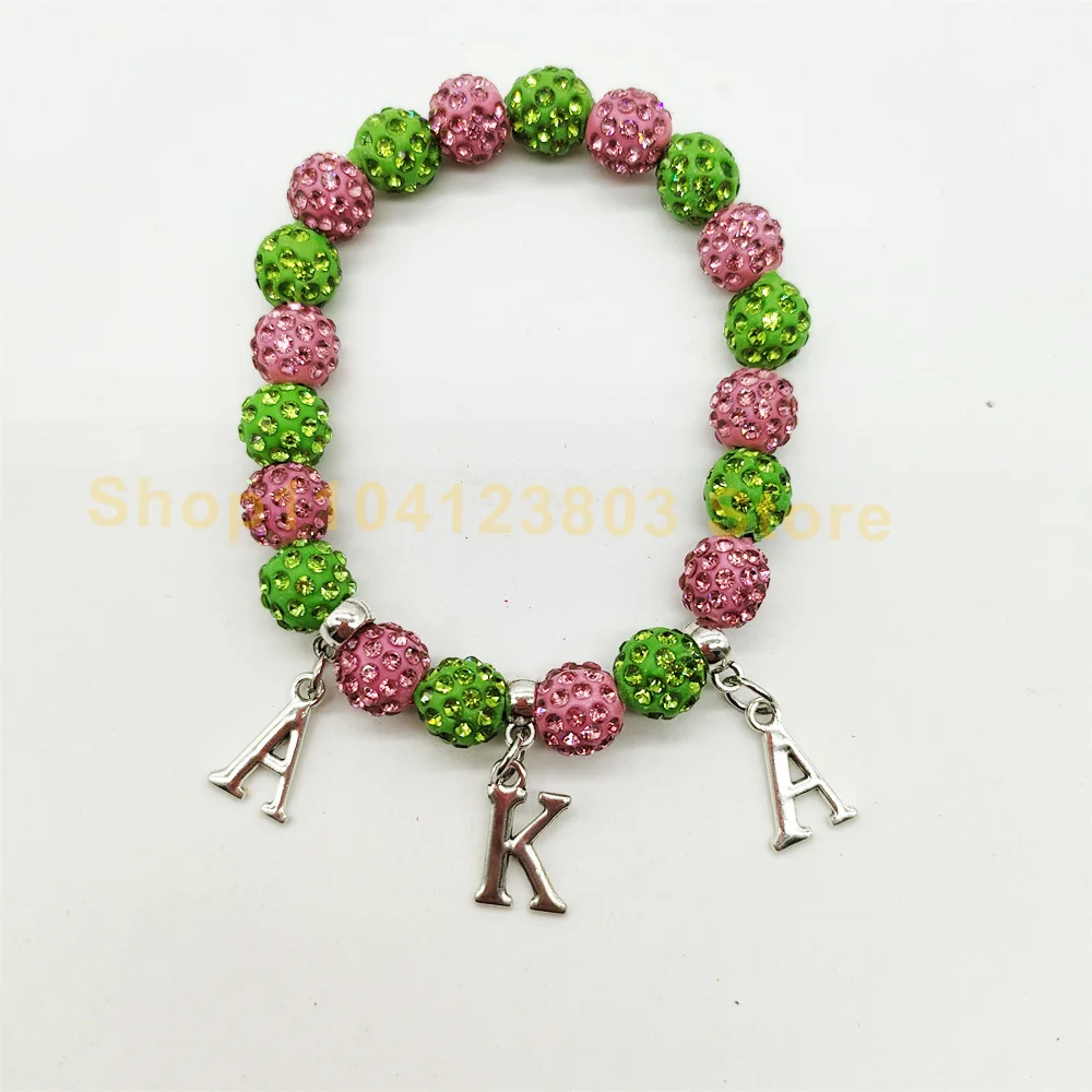 1PC Green Pink 10 mm Beads Greek Letters ALPHA KAPPA ALPHA Bracelets AKA Society Women Jewelry