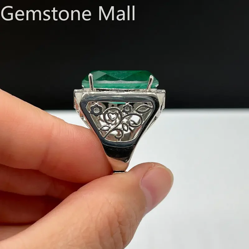 Vintage Sterling Silver Ring for Men 15mm * 20mm 15ct Man Made Colomabia Emerald Color Crystal Ring with 3 Layers Gold Plating