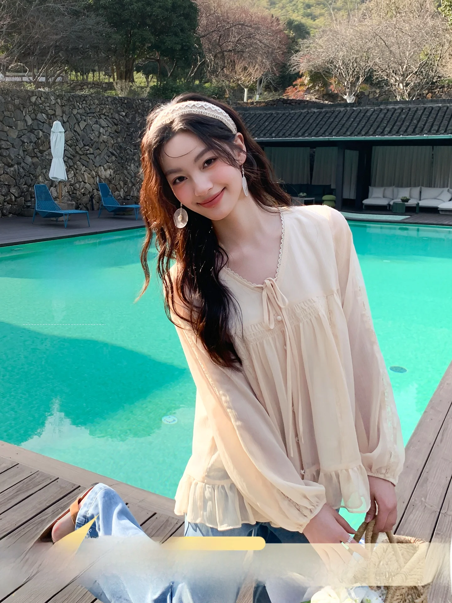 

Soft Jade Warm Fraance Lace Splice Loose Women's irt Spring New Sle n Sweet Sle Long Sve Pure Color Top