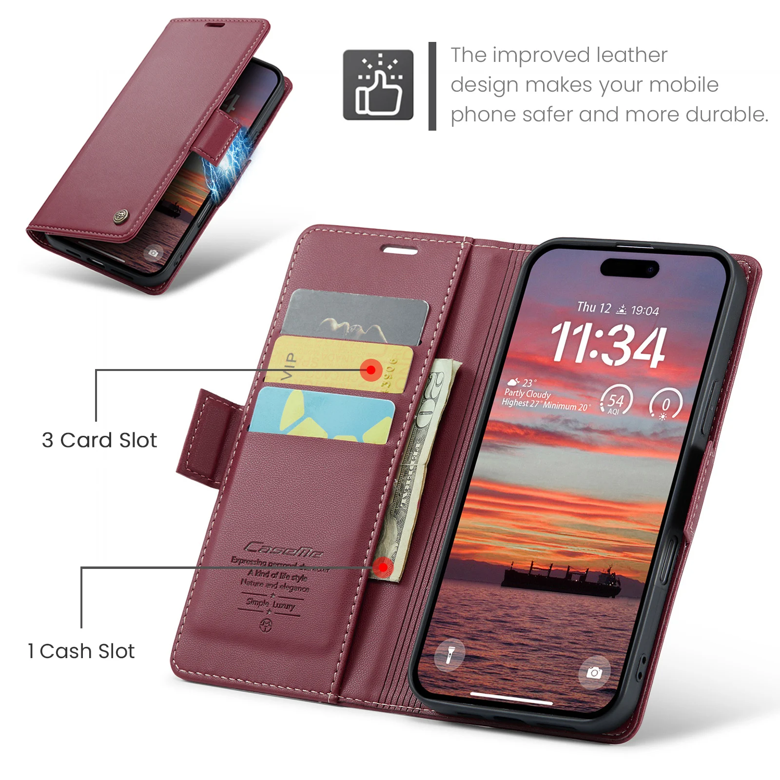 

023 CaseMe For iPhone Air 17 16E 15 14 13 Pro Max 12 11 XR Side Buckle Flip PU Leather Wallet Case Card Stand Cover SkinS Shelll
