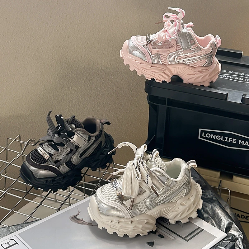 

2026 New Kids Chunky Sneakers Spring Autumn Mesh Children Basketball Shoes School Non-slip Girls School Sports Shoes Breathable