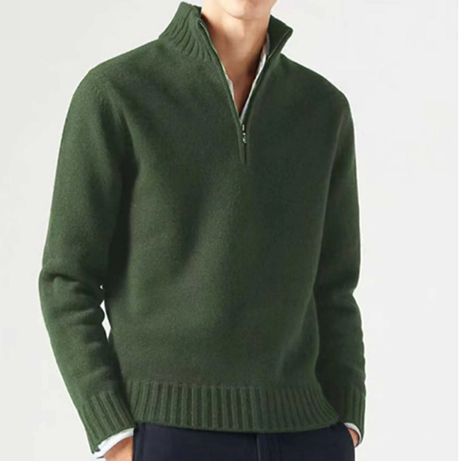 Male Casual Simple Bottom Sweater Solid Color Warm Wool Knit Half Zip Long Sleeve High Collar Sweater Mid Length Jackets for Men