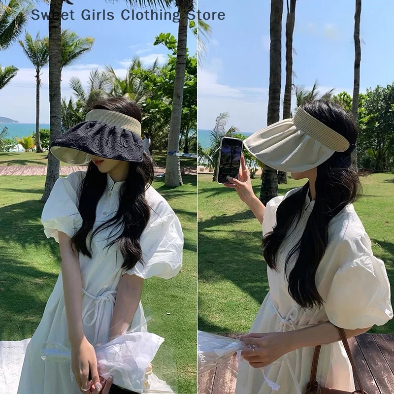 

Summer Travel Sunshade Sunblock Hat Large Eaves Anti-UV Temperament All Empty Top Hat Tidal Sun Hat Children's Straw Hat