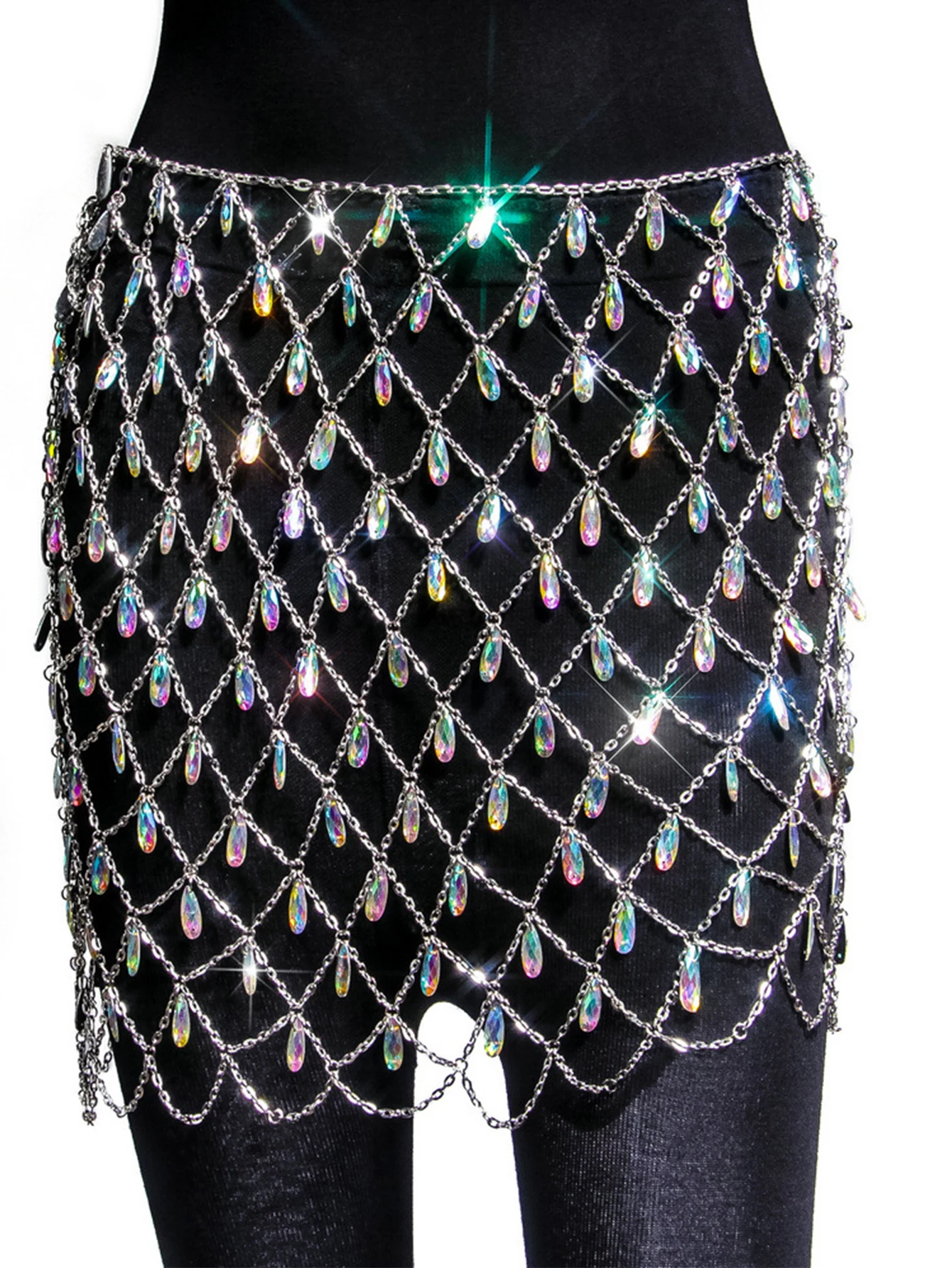 Sexy Bg Metal Chain Dias Sequin Skirt Women Befree Summer Beach Hollow Colorful Gem Queen Crystal Night Club Party Skirts