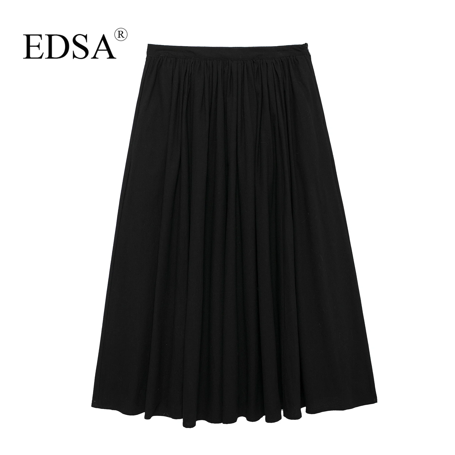 EDSA Women Fashion Solid Beige Pleated Loose A-Line Midi Skirt Mid Waist Female Chic Lady Casual Long Skirt