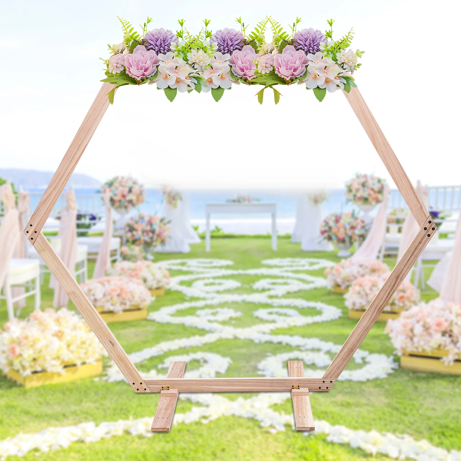 7.1 FT Hexagon Wood Wedding Arch Frame Decor Wood Hexagon Arch Backdrop Stand