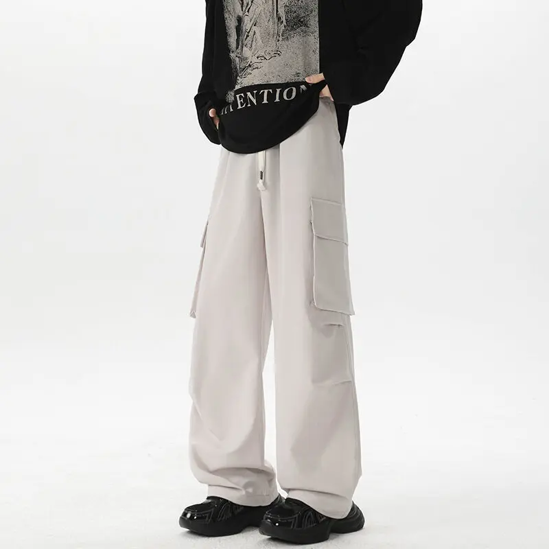 Summer Casual Pants Men Retro Pocket Cargo Pants Men Japanese Streetwear Hip-hop Loose Wide Leg Pants Mens Vintage Trousers