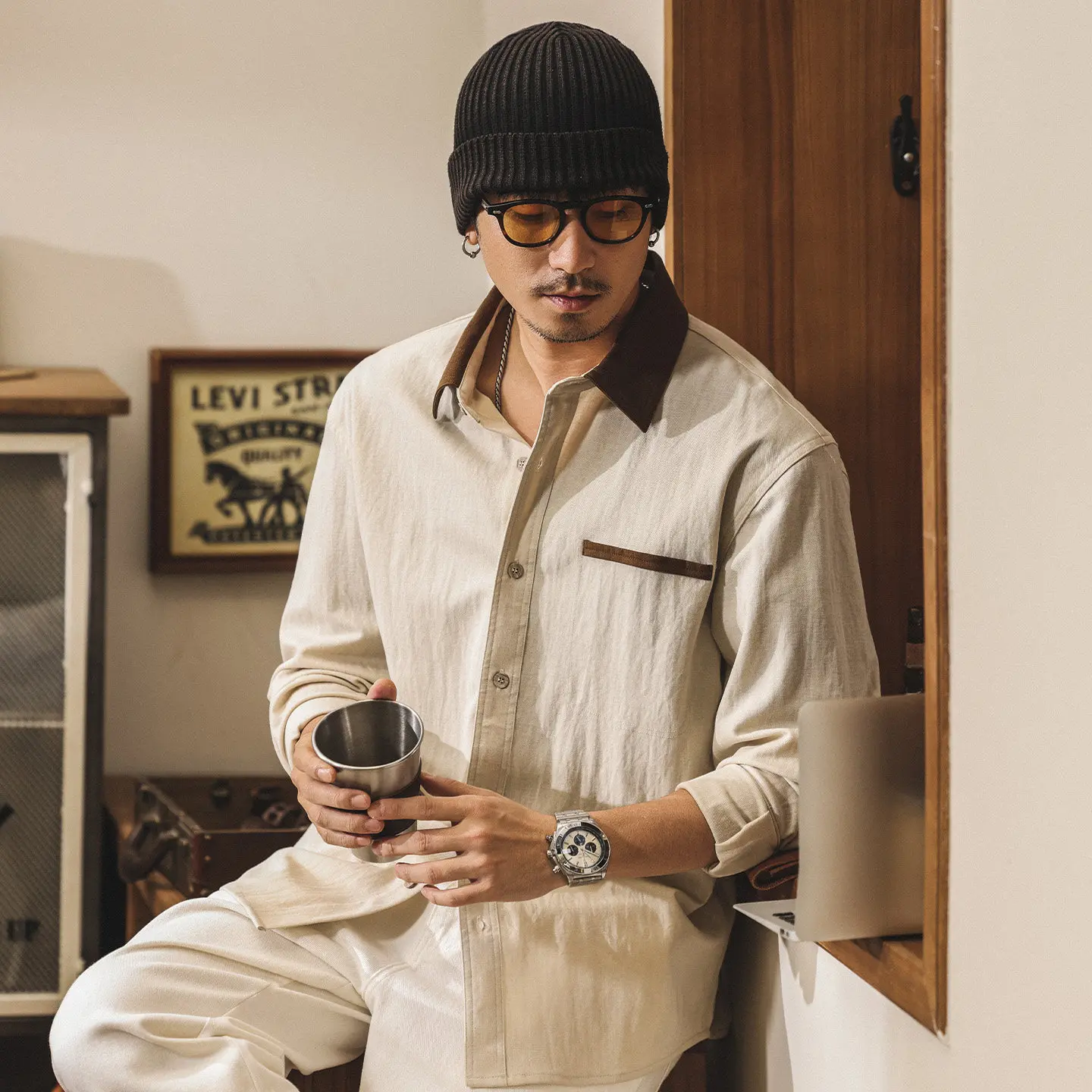 

Men Contrast Corduroy Collar Long Sleeve Shirts Lightweight Cotton Linen Chest Pocket Oversized Vintage Button Down Casual Shirt