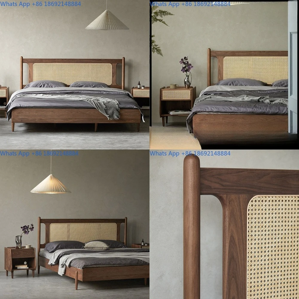 

Modern Simple Solid Wood Bed with Woven Design for Home Use Double Bed for Small Apartments