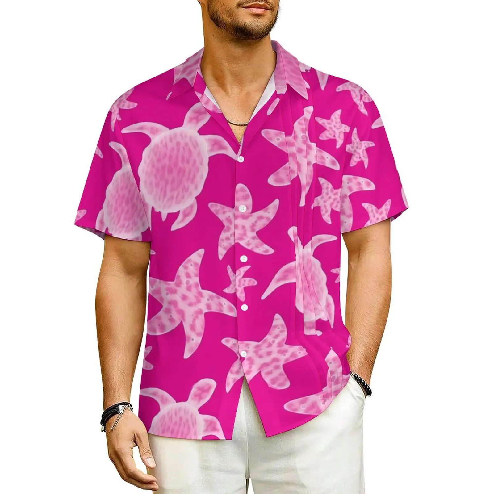 

Pink Turtles Beach Shirt Cute Starfish Hawaii Casual Shirts Man Loose Blouses Short Sleeve Streetwear Design Clothing