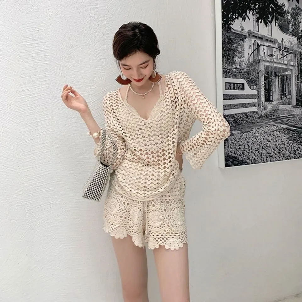 

Женский вязаный комплект бикини, накидка на майку и рта для пляжного плавания, полиэфирная ткань, летняя моя