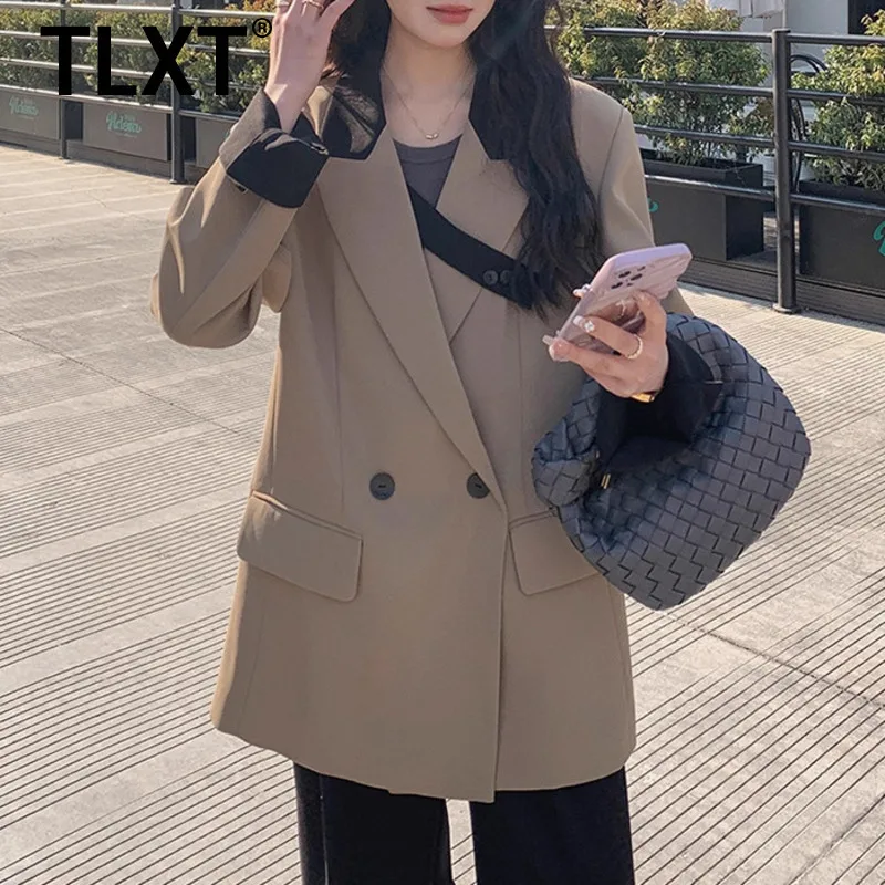 

TLXT модный женский верблюжий стильный пиджак большого размера, двубортный пиджак с воротником с лацканами и пуговицами, повседневная верхняя одежда, новинка осени 2021, XK1615
