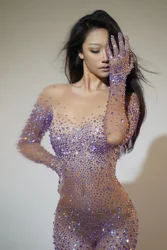 New Purple Rhinestone Maxi Jumpsuit for Women Birthday Party Prom Club Sexy Diamond Bodysuit Fashion Performance Stage Costumes