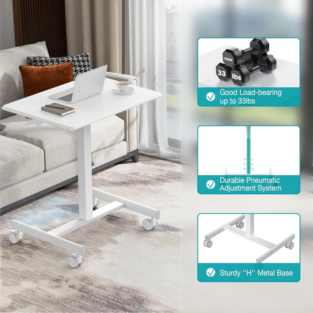 Mobile Standing Desk with Wheels, Adjustable Height Computer Workstation for Home Office, 19 Inch Modern White