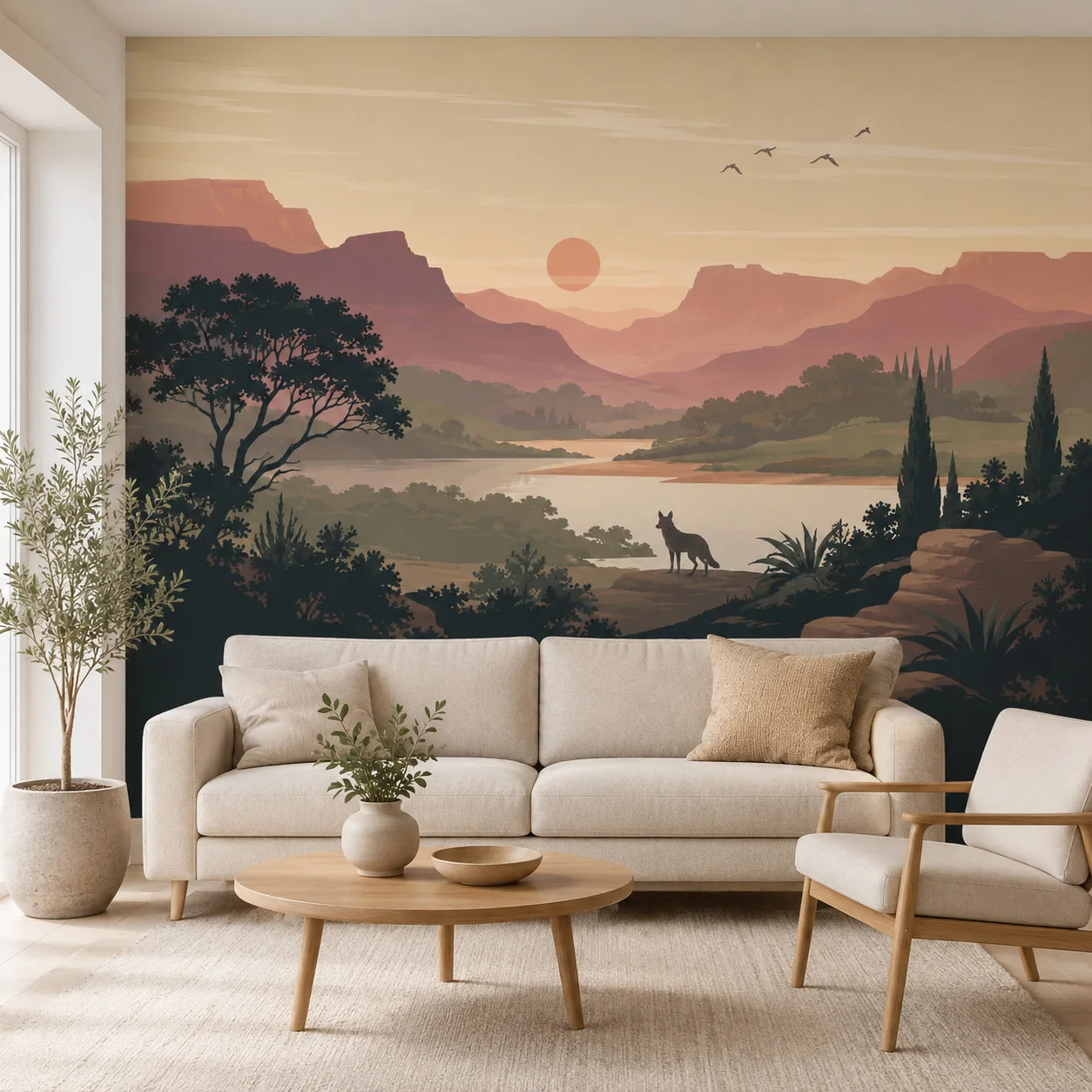 Vintage Canyon Sunset Landscape Wall Mural, Wolf Nature Scenery Wallpaper, Non‑Self‑Adhesive for Living Room Home Decor