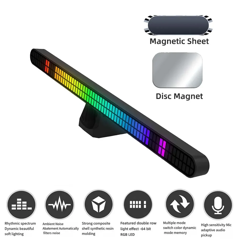30CM Double-row 64bit RGB PickUp LED Bar Rechargeable Magnetic Install Music Rhythm Light Car Atmosphere Lighting Desktop Light
