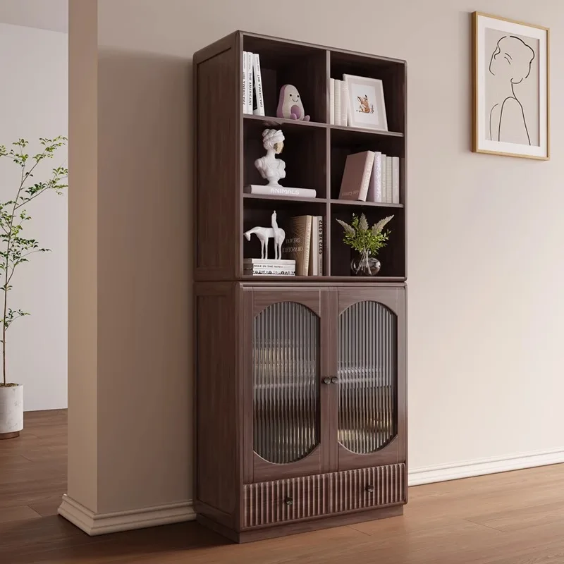 Solid wood bookcase Modern simple bookshelf Living room storage cabinet Storage cabinet Dust-proof bookcase with glass door